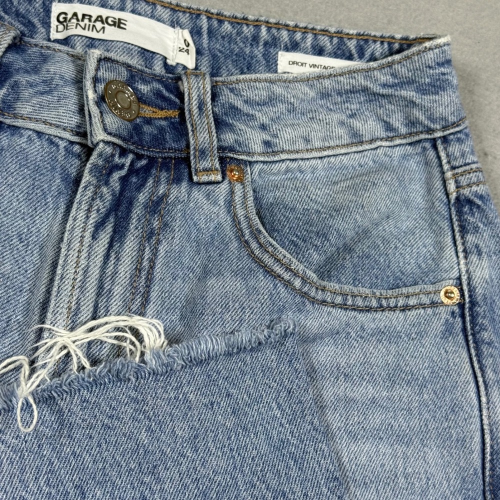 Garage Denim Vintage Straight Light Wash Blue High Rise Raw Hem Jeans Womens 24